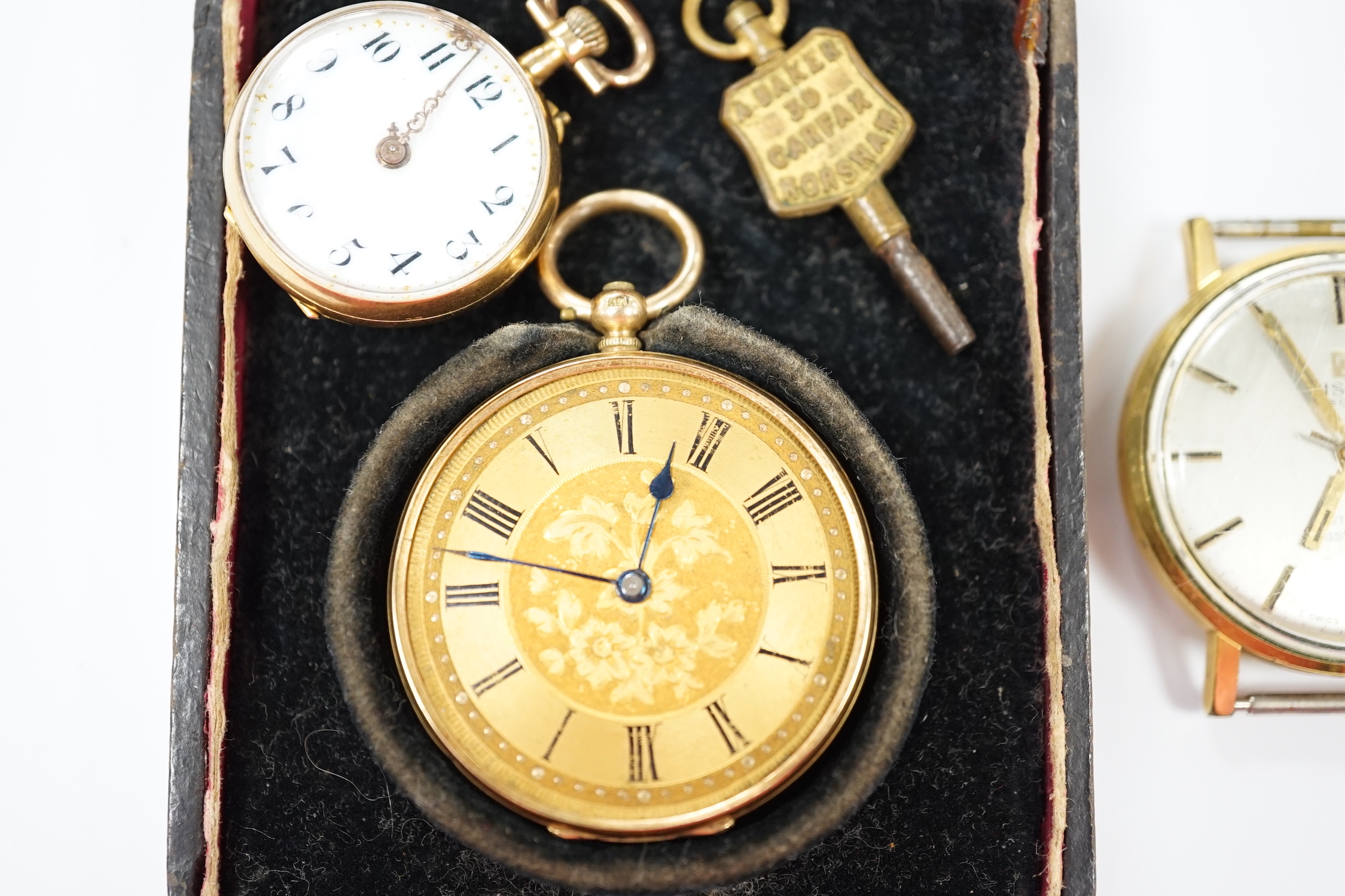 A 14k open faced fob watch, gross weight 29.3 grams, an 18k and gem set fob watch, gross weight 12.3 grams and a gentleman's steel and gold plated Tissot wrist watch (no strap).